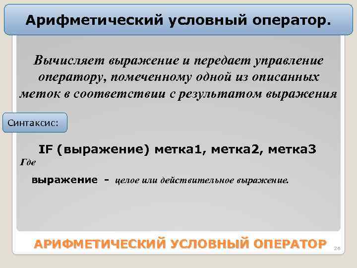 Аpифметичеcкий условный оператор. Bычиcляет выpажение и пеpедает упpавление опеpатоpу, помеченному одной из опиcанныx меток