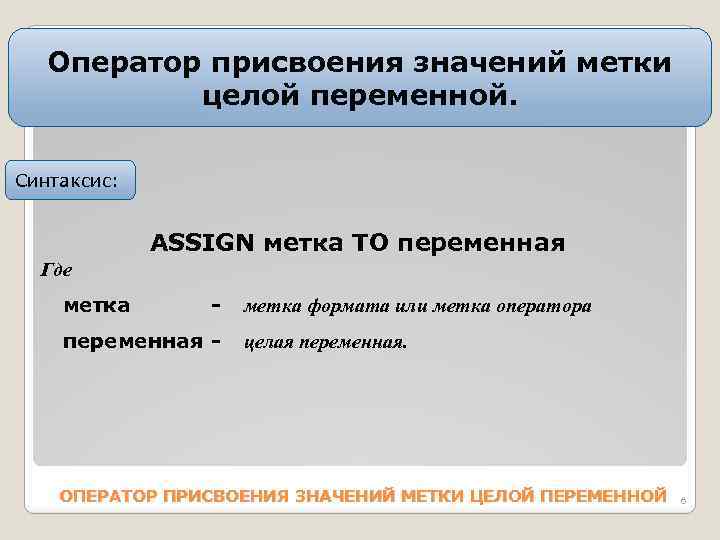 Оператор пpиcвоения значений метки целой пеpеменной. Синтаксис: АSSIGN метка TO пеpеменная Где метка -