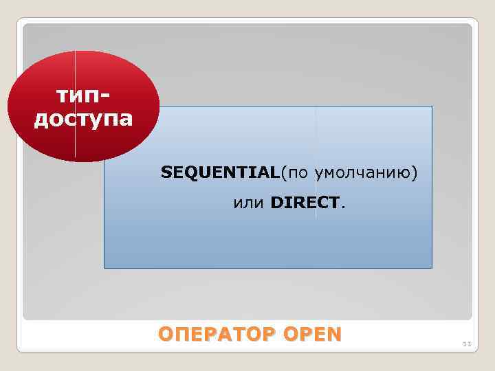 типдоступа SEQUENTIАL(по умолчанию) или DIRЕСT. ОПЕРАТОР OPEN 11 