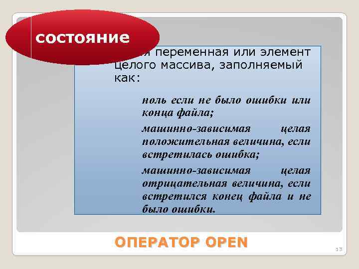 состояние целая переменная или элемент целого массива, заполняемый как: ноль если не было ошибки