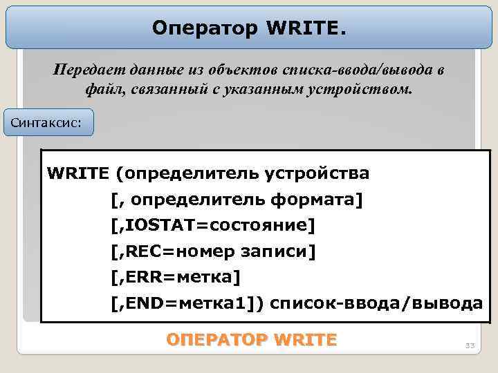 Оператор WRITE. Передает данные из объектов списка-ввода/вывода в файл, связанный с указанным устройством. Синтаксис: