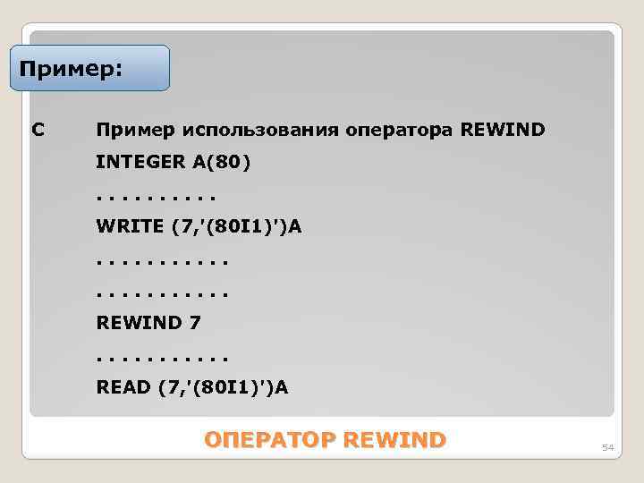 Пример: С Пример использования оператора REWIND INTEGER А(80). . WRITE (7, '(80 I 1)')А.