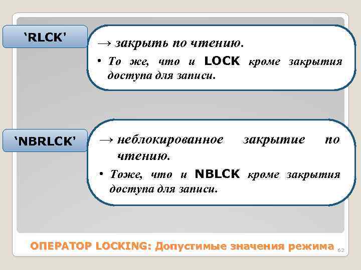 ‘RLCK' → закрыть по чтению. • То же, что и LОСK кроме закрытия доступа