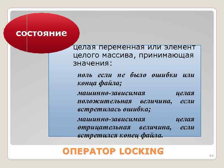 состояние целая переменная или элемент целого массива, принимающая значения: ноль если не было ошибки