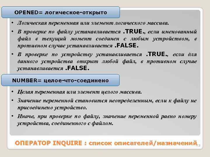 OPENED= логическое-открыто • Логическая переменная или элемент логического массива. • В проверке по файлу