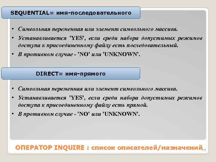 SEQUENTIАL= имя-последовательного • Символьная переменная или элемент символьного массива. • Устанавливается 'YES', если среди