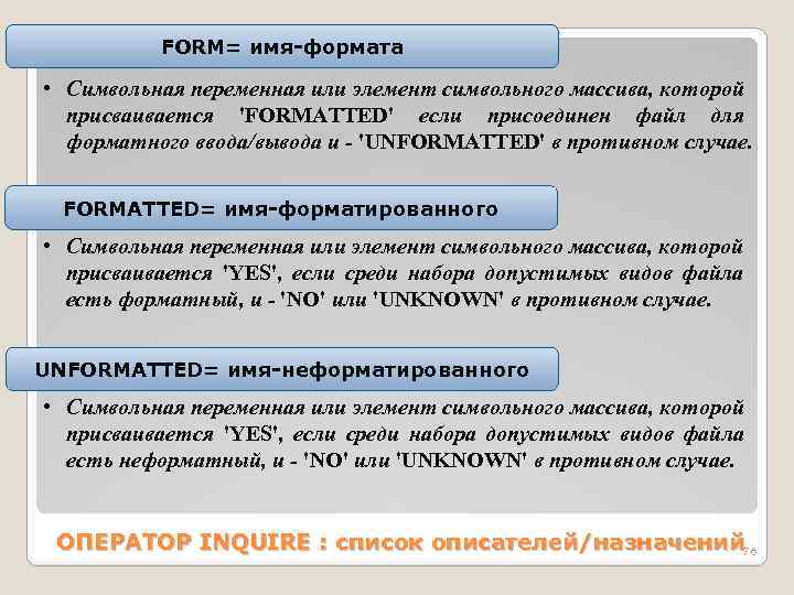 FORM= имя-формата • Символьная переменная или элемент символьного массива, которой присваивается 'FORMАTTED' если присоединен