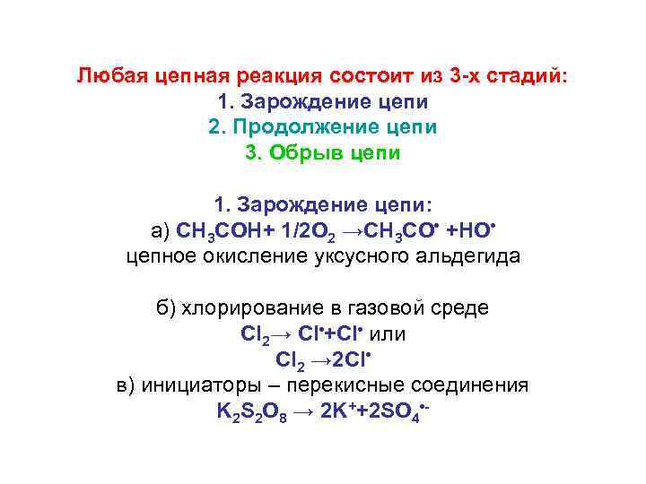 Любая цепная реакция состоит из 3 -х стадий: 1. Зарождение цепи 2. Продолжение цепи