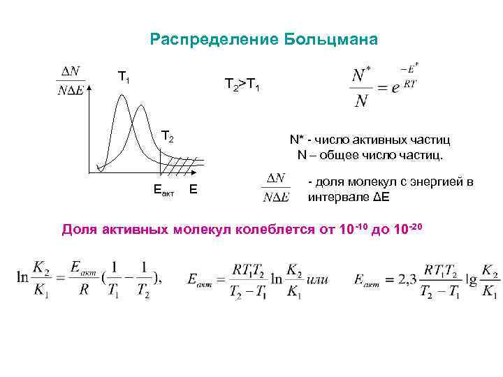 Распределение Больцмана Т 1 Т 2>Т 1 Т 2 Eакт N* - число активных