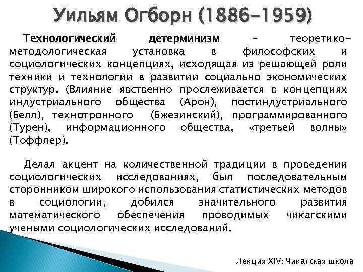 Уильям Огборн (1886 -1959) Технологический детерминизм – теоретикометодологическая установка в философских и социологических концепциях,