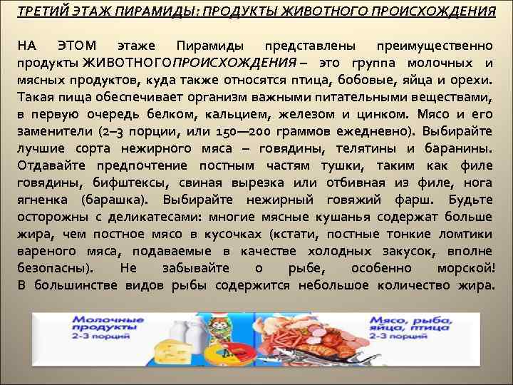 ТРЕТИЙ ЭТАЖ ПИРАМИДЫ: ПРОДУКТЫ ЖИВОТНОГО ПРОИСХОЖДЕНИЯ НА ЭТОМ этаже Пирамиды представлены преимущественно продукты ЖИВОТНОГОПРОИСХОЖДЕНИЯ