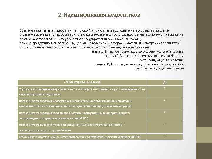 2. Идентификация недостатков Сравним выделенные недостатки инноваций в привлечении дополнительных средств и решении стратегических