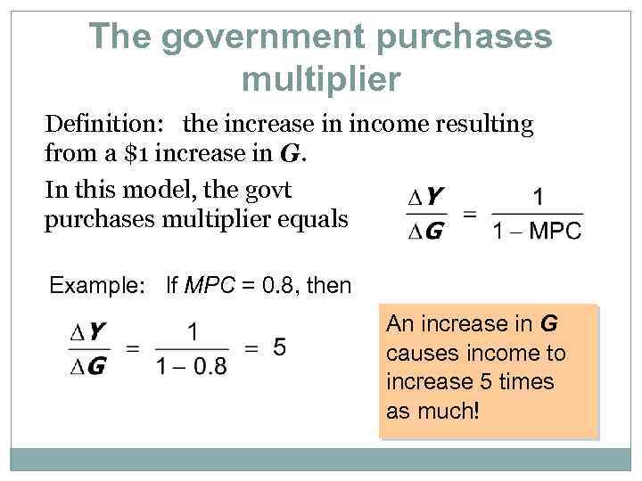 The government purchases multiplier Definition: the increase in income resulting from a $1 increase