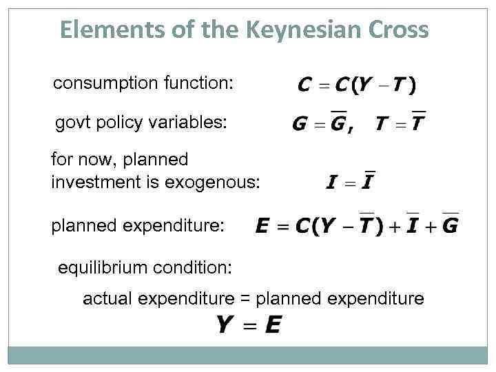 Elements of the Keynesian Cross consumption function: govt policy variables: for now, planned investment