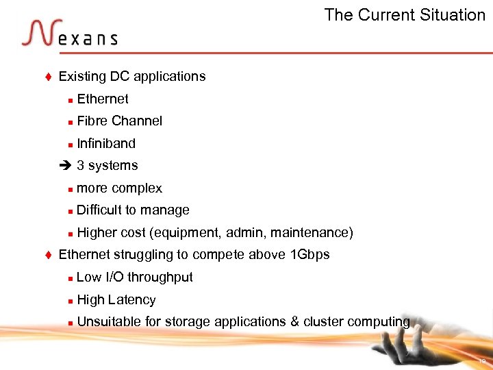 The Current Situation t Existing DC applications n Ethernet n Fibre Channel n Infiniband