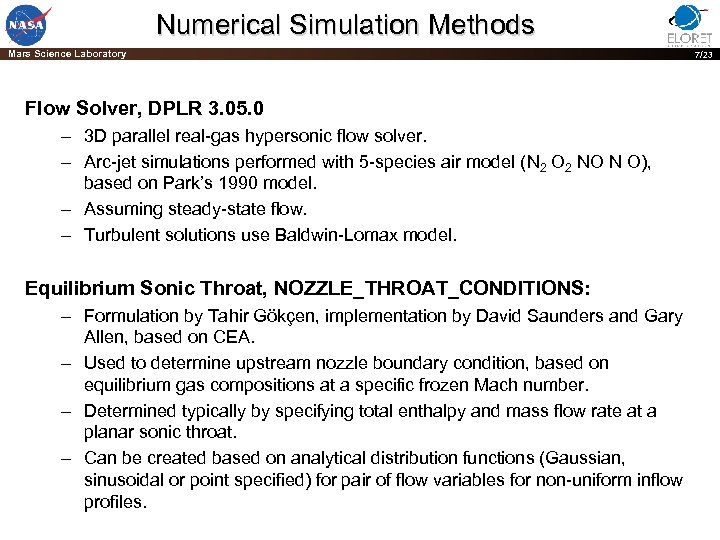 Numerical Simulation Methods Mars Science Laboratory 7/23 Flow Solver, DPLR 3. 05. 0 –