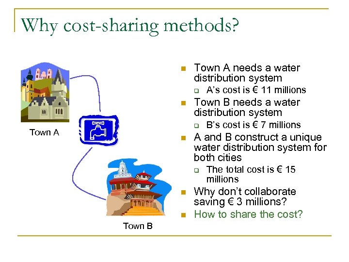Why cost-sharing methods? n Town A needs a water distribution system q n Town