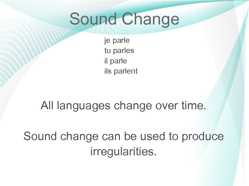 Sound Change je parle tu parles il parle ils parlent All languages change over