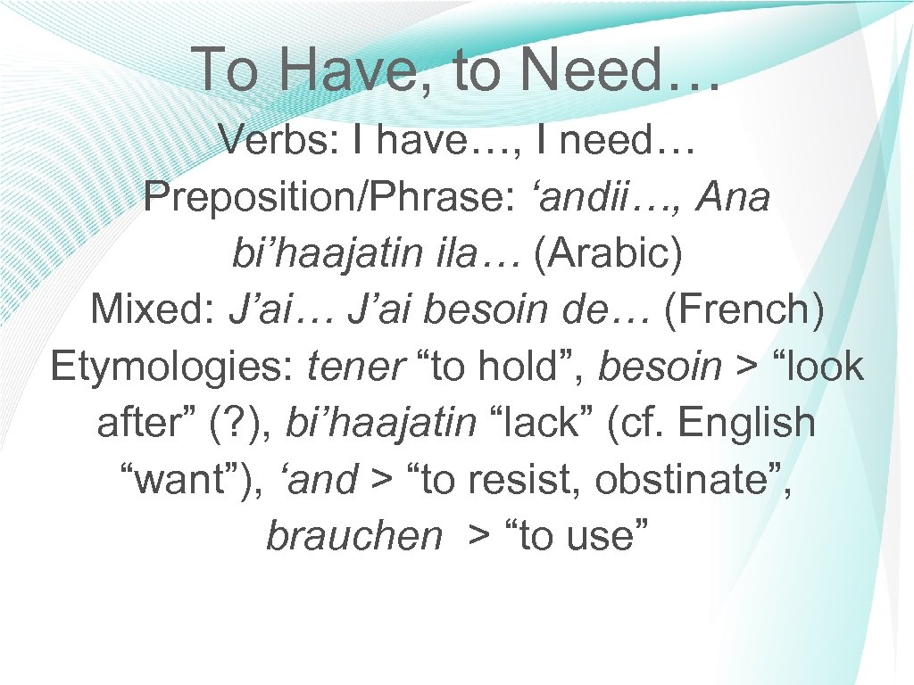 To Have, to Need… Verbs: I have…, I need… Preposition/Phrase: ‘andii…, Ana bi’haajatin ila…