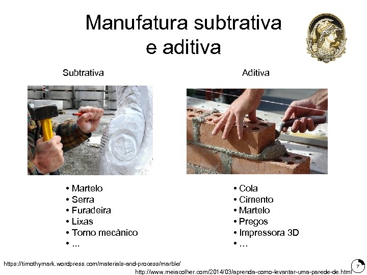 Manufatura subtrativa e aditiva Subtrativa • Martelo • Serra • Furadeira • Lixas •