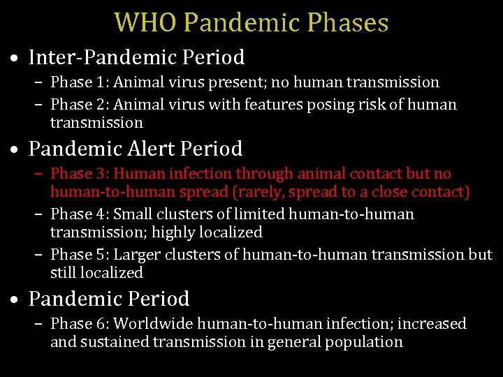 WHO Pandemic Phases • Inter-Pandemic Period – Phase 1: Animal virus present; no human