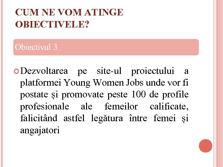 CUM NE VOM ATINGE OBIECTIVELE? Dezvoltarea pe site-ul proiectului a platformei Young Women Jobs