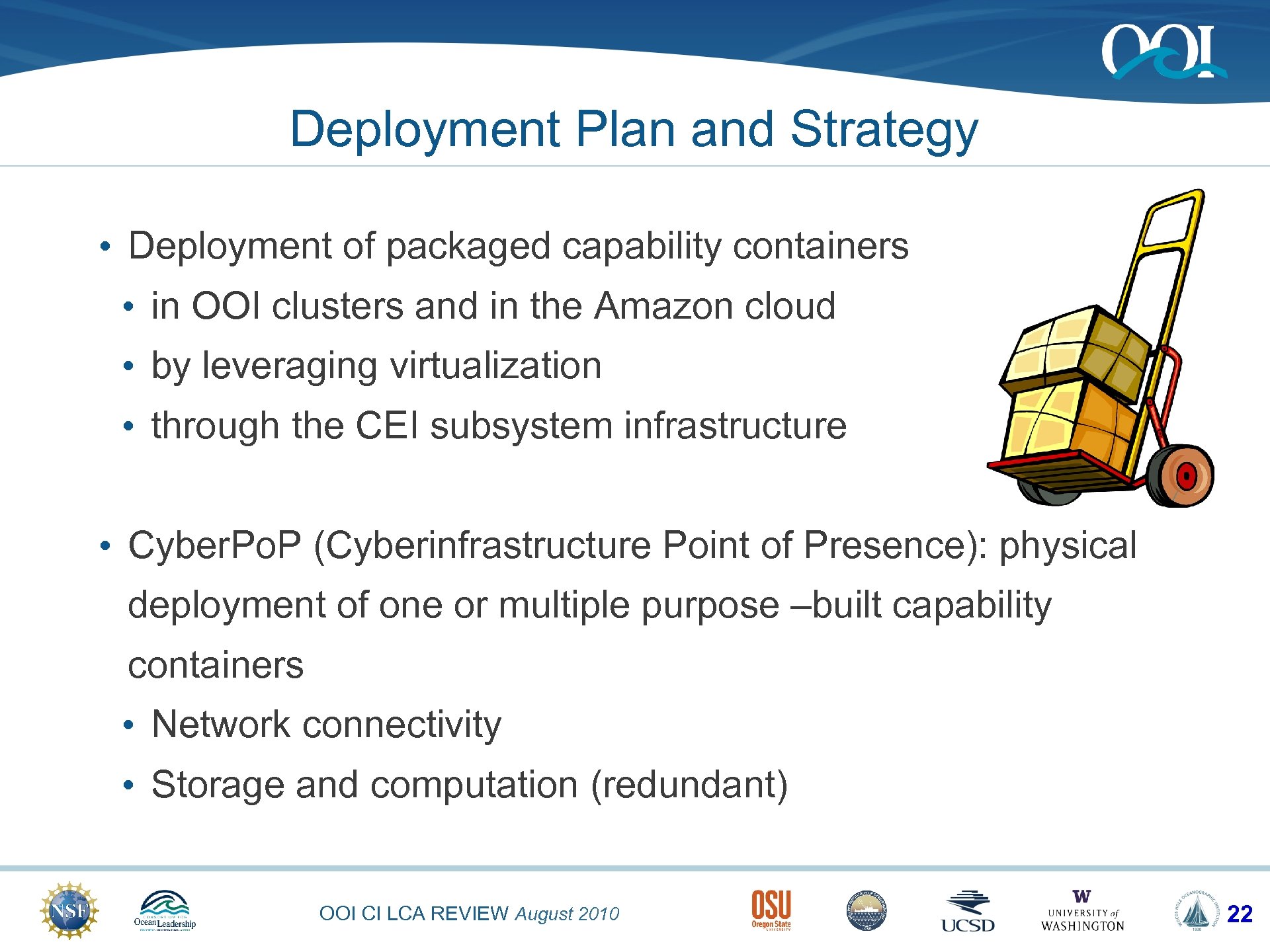 Deployment Plan and Strategy • Deployment of packaged capability containers • in OOI clusters