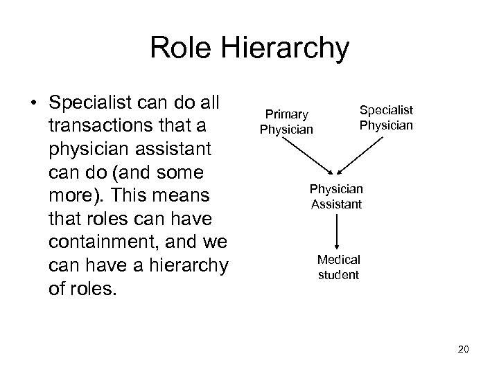 Role Hierarchy • Specialist can do all transactions that a physician assistant can do