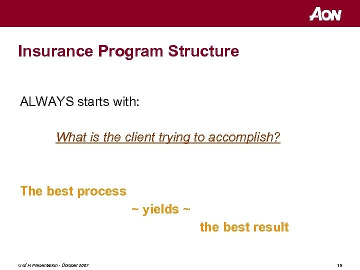 Insurance Program Structure ALWAYS starts with: What is the client trying to accomplish? The