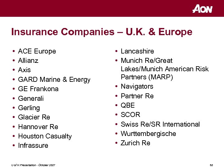 Insurance Companies – U. K. & Europe • • • ACE Europe Allianz Axis