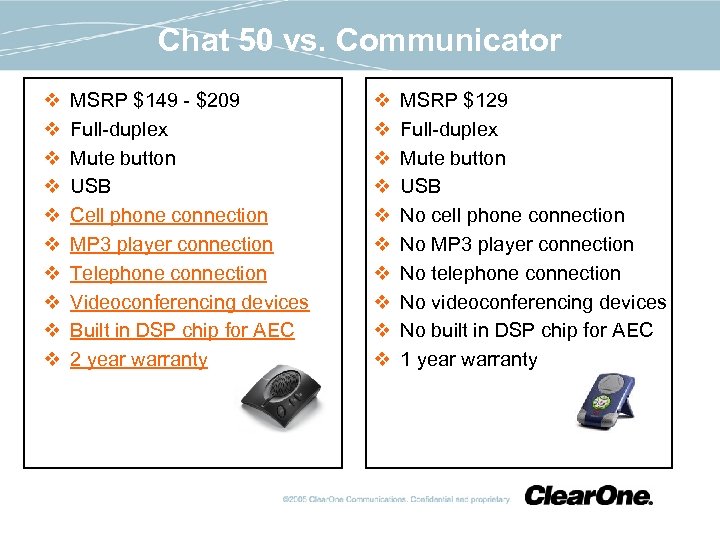 Chat 50 vs. Communicator v v v v v MSRP $149 - $209 Full-duplex