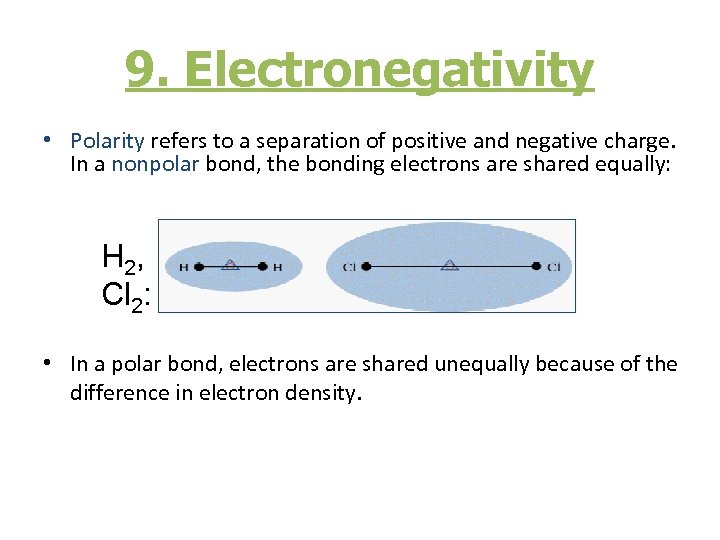 9. Electronegativity • Polarity refers to a separation of positive and negative charge. In