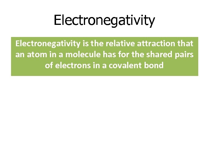 Electronegativity is the relative attraction that an atom in a molecule has for the