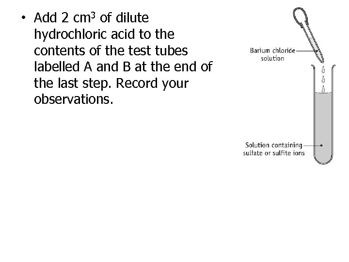  • Add 2 cm 3 of dilute hydrochloric acid to the contents of