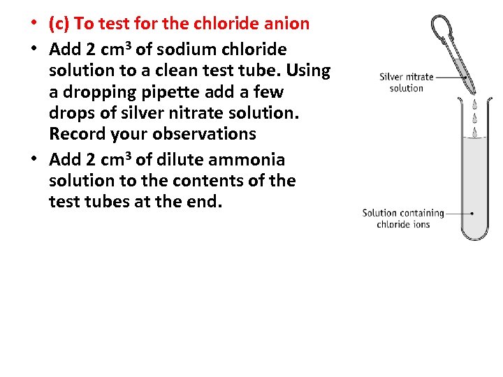  • (c) To test for the chloride anion • Add 2 cm 3