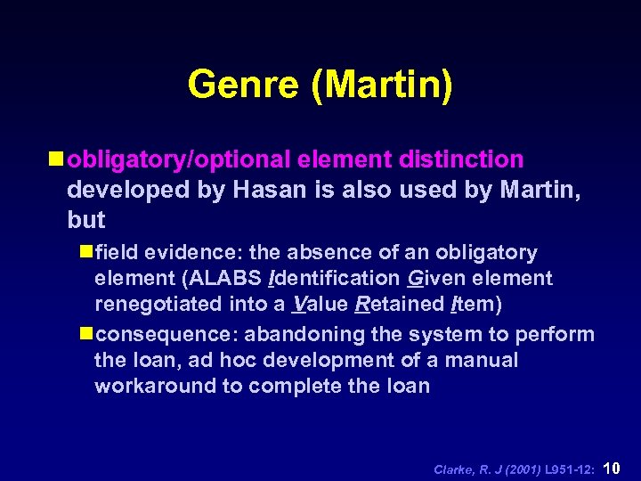 Genre (Martin) n obligatory/optional element distinction developed by Hasan is also used by Martin,