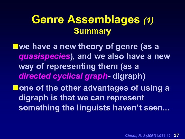 Genre Assemblages (1) Summary nwe have a new theory of genre (as a quasispecies),
