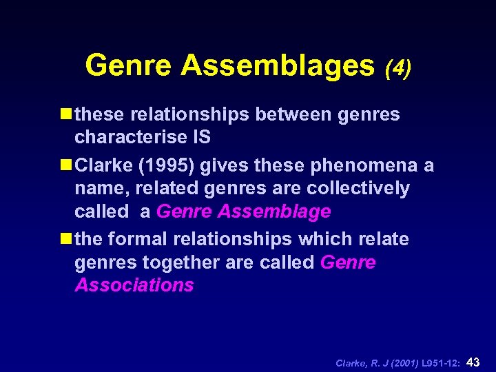 Genre Assemblages (4) n these relationships between genres characterise IS n Clarke (1995) gives