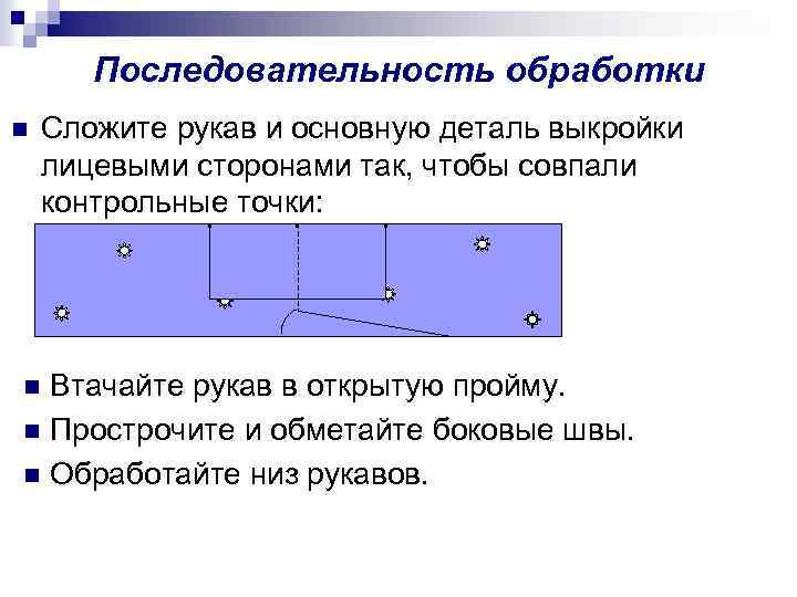 Последовательность обработки n Сложите рукав и основную деталь выкройки лицевыми сторонами так, чтобы совпали