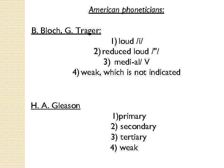 American phoneticians: B. Bloch, G. Trager: 1) loud /i/ 2) reduced loud /"/ 3)