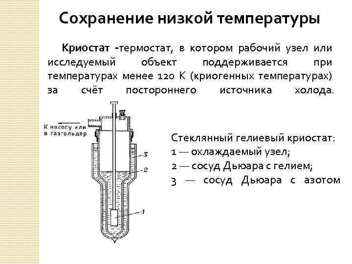 Сохранение низкой температуры Криостат -термостат, в котором рабочий узел или исследуемый объект поддерживается при