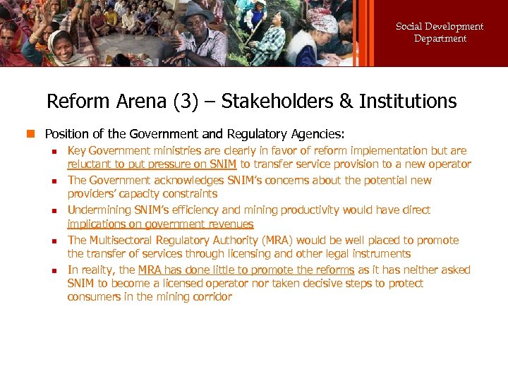 Social Development Department Reform Arena (3) – Stakeholders & Institutions n Position of the