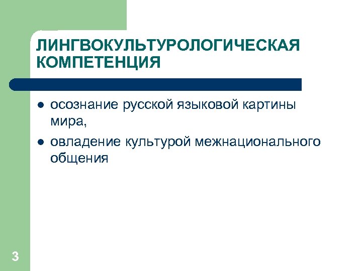 ЛИНГВОКУЛЬТУРОЛОГИЧЕСКАЯ КОМПЕТЕНЦИЯ l l 3 осознание русской языковой картины мира, овладение культурой межнационального общения