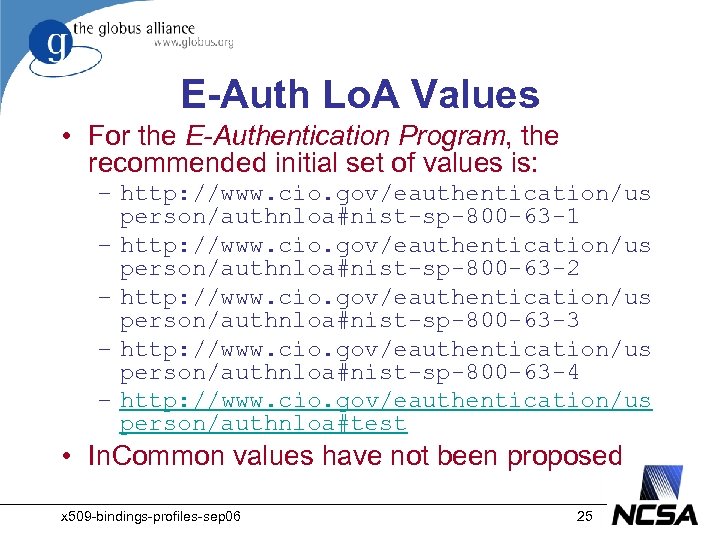 E-Auth Lo. A Values • For the E-Authentication Program, the recommended initial set of