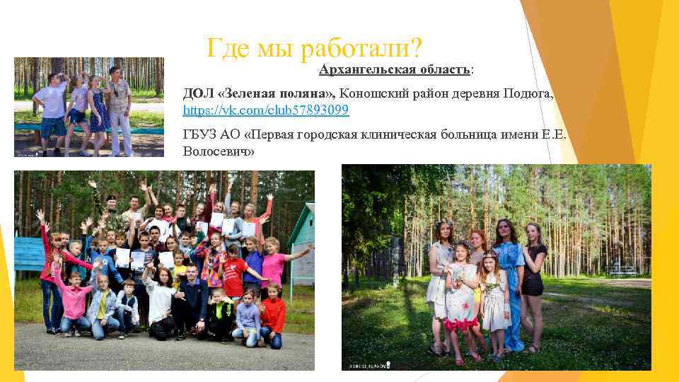 Где мы работали? Архангельская область: ДОЛ «Зеленая поляна» , Коношский район деревня Подюга, https: