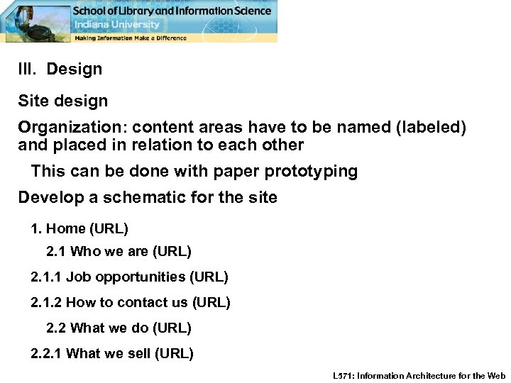 III. Design Site design Organization: content areas have to be named (labeled) and placed