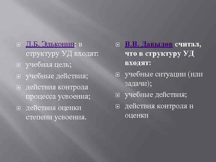  Д. Б. Эльконин: в структуру УД входят: учебная цель; учебные действия; действия контроля