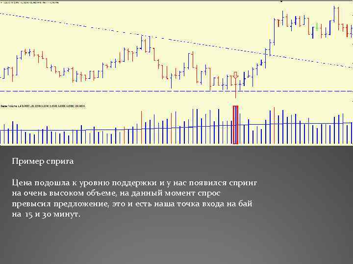 Пример сприга Цена подошла к уровню поддержки и у нас появился спринг на очень