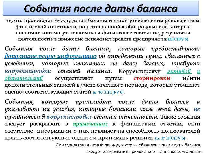 События после даты баланса те, что происходят между датой баланса и датой утверждения руководством