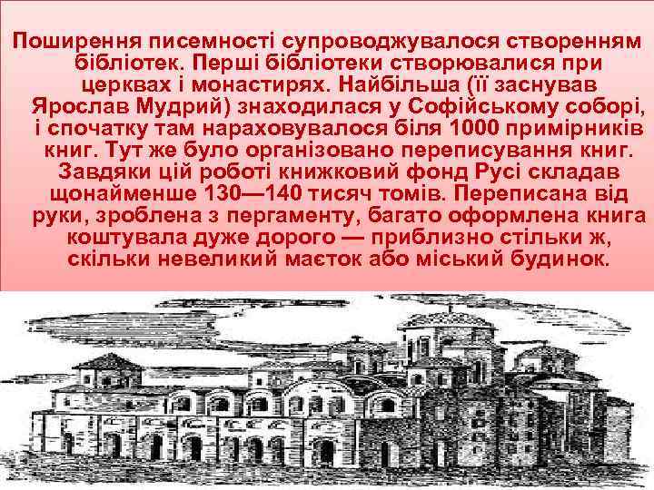 Поширення писемності супроводжувалося створенням бібліотек. Перші бібліотеки створювалися при церквах і монастирях. Найбільша (її